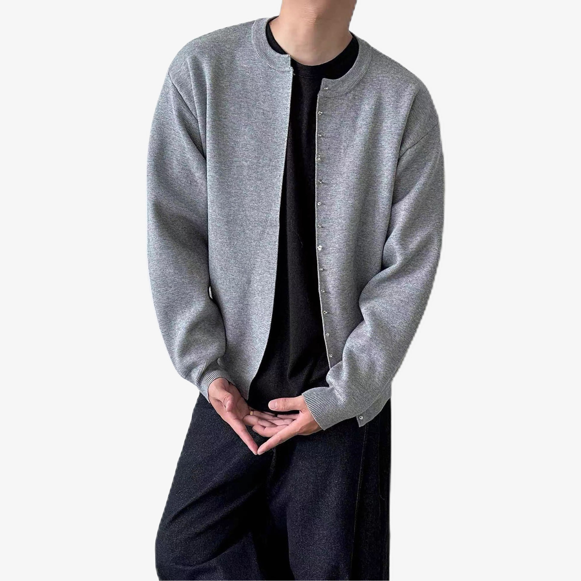 Explosiones transfronterizas de tamaño europeo de remaches de hebilla metálica cardigan chaqueta suéter hombre otoño invierno fábrica al por mayor