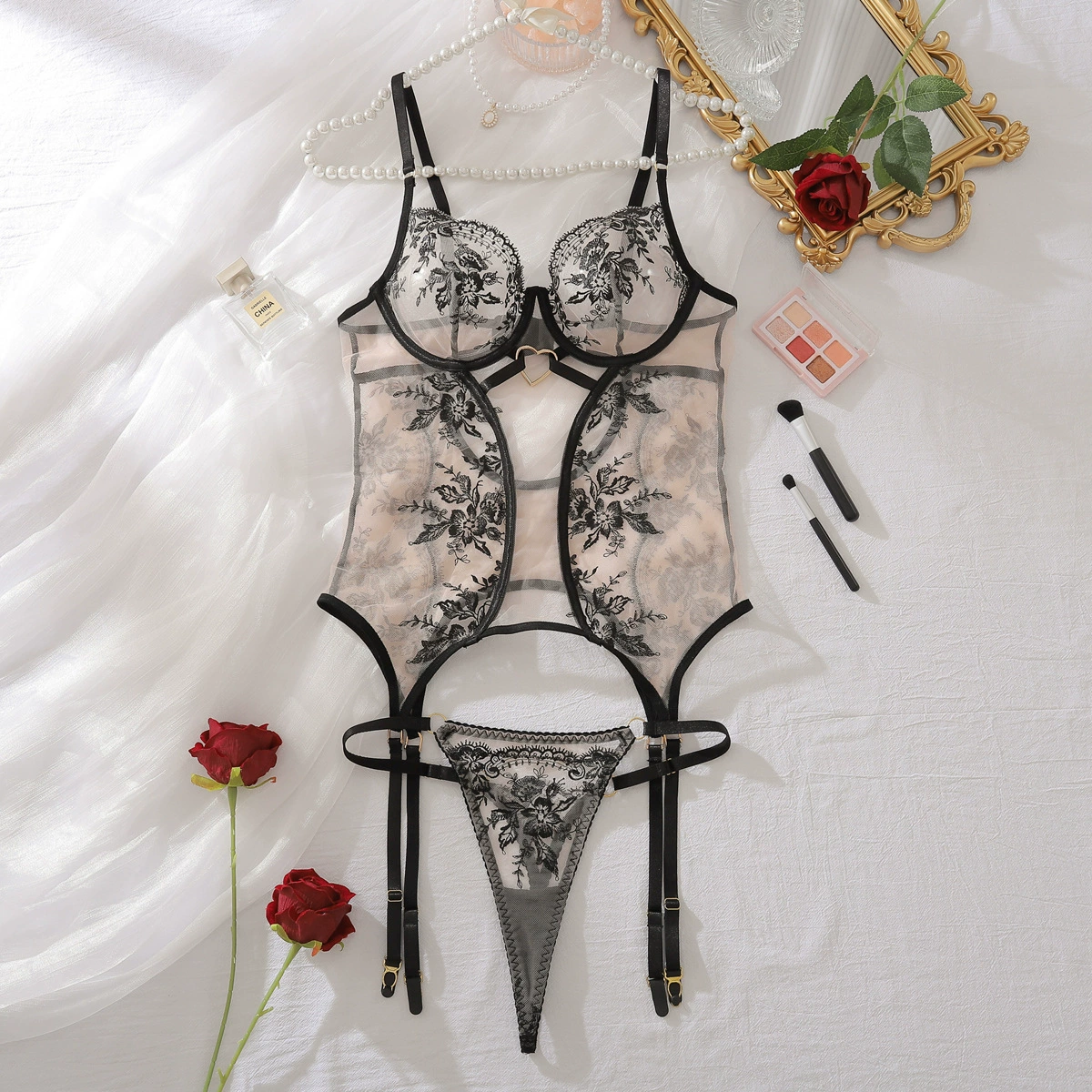 Бюстгальтер, сексуальный комплект, коррективная bodysuit, нижнее белье, европейский стиль, цветочный принт, с вышивкой