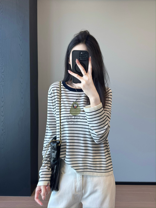 清新牛油果！经典条纹撞色圆领字母刺绣羊毛针织T恤女早秋G082007|undefined