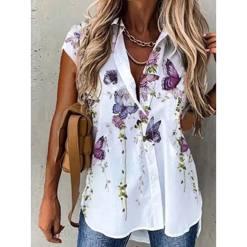 301924 European and American Summer New Large Size Women's Butterfly Print Loose Sleeveless Shirt Amazon Cross-Border Spot