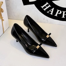 9998-1 French commuting versatile bow, shallow mouth patent leather shiny surface, slim heels, pointed temperament, single shoes for women