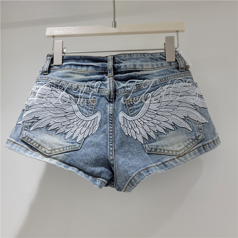 Pantalones Cortos de Mezclilla de Tiro Bajo con Bordado y Remaches para Mujer