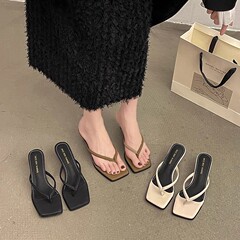 人字拖夾趾拖鞋女2024年夏新款歐美方頭網紅涼拖鞋細跟白色高跟鞋