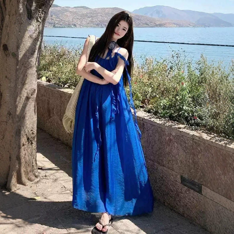2026 New Style Seaside Vacation Outfit Klein Blue Spaghetti Strap Dress for Women, Summer French-Style Waist-Cinching Long Dress