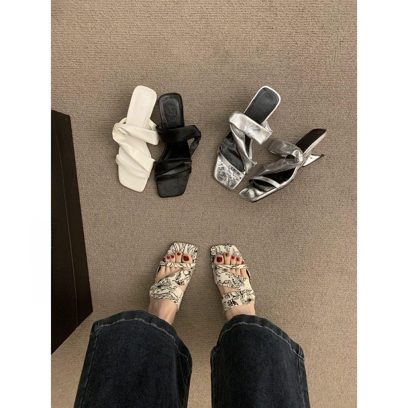 Small design sandals, summer footwear high heels, silver slide, slippers, shoes, trend of season