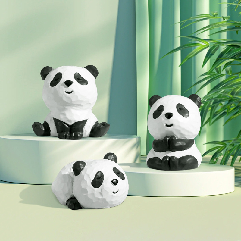 Panda Ornaments Cute Handmade Ornaments Cute Grain Desktop Home Decoration Trendy Play Resin Wood Carving Small Ornaments Crafts