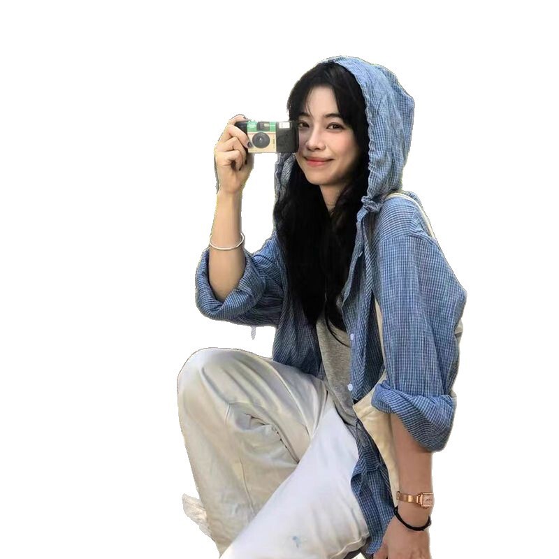 跨境韩系蓝色格子连帽防晒衬衫女秋季薄款宽松休闲慵懒风减龄上衣|undefined