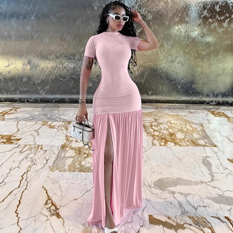 2025 European and American Style Cross-Border Foreign Trade Women's Skirt Fashionable Elegant Round Neck Slim Slit Splicing Dress Women's Summer