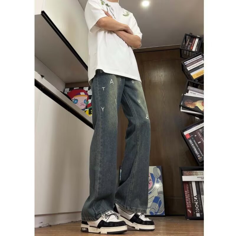水洗牛仔裤男夏季薄款宽松复古韩版阔腿裤高街痞帅老爹长裤子