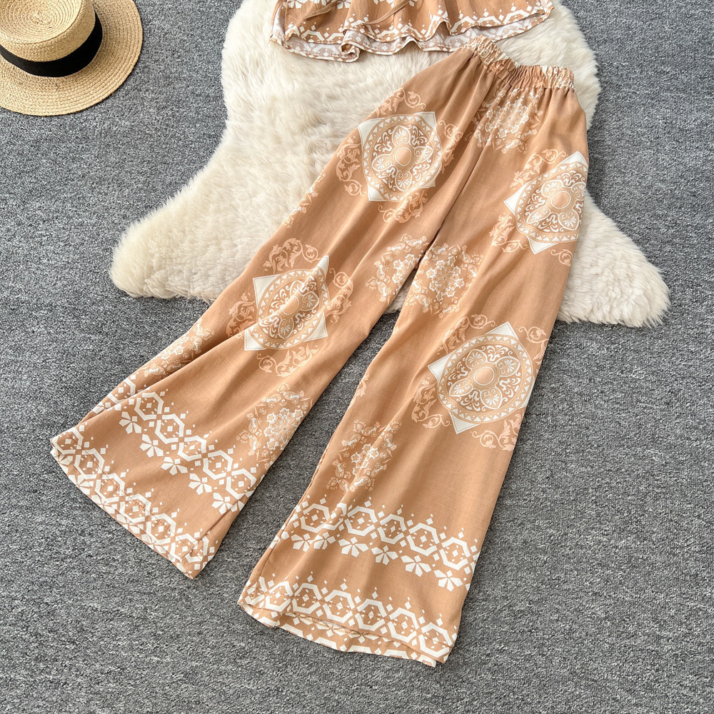 Women's Pant Set V Neck Lantern Sleeve Top And High Waisted Trousers_voghion.com