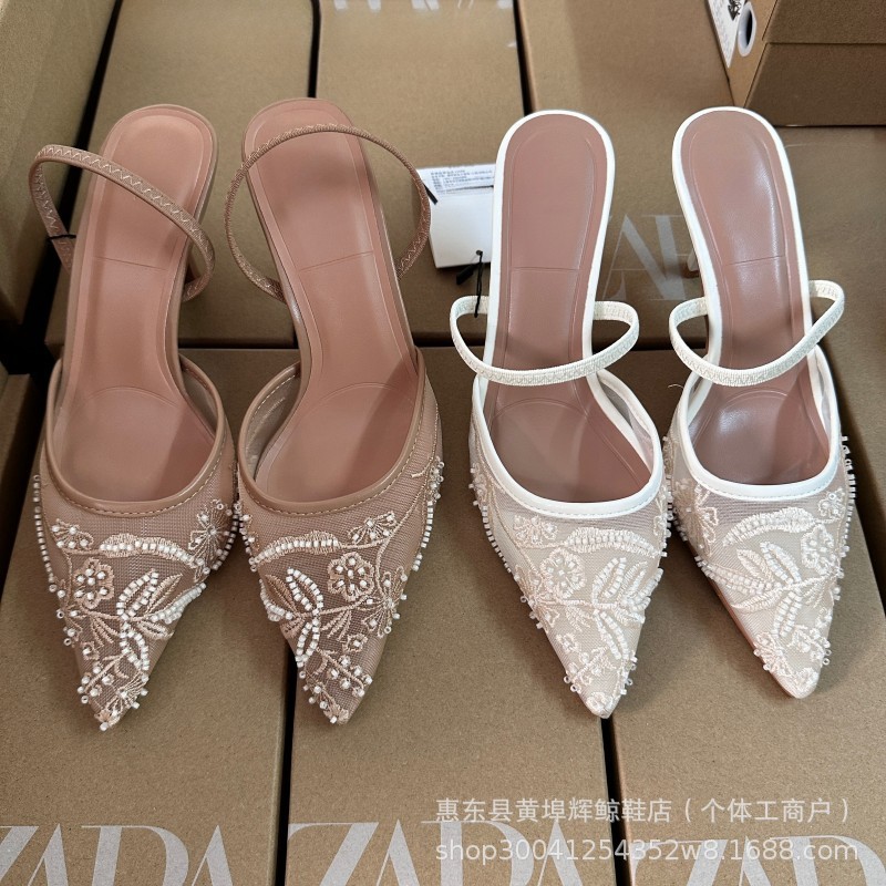 Za White High-Heeled Shoes for Women, Mesh Embroider, Pointed Toe, Stiletto Toe Sandals, Women's Back Strap Mule Shoes, Bead Wedding Shoes