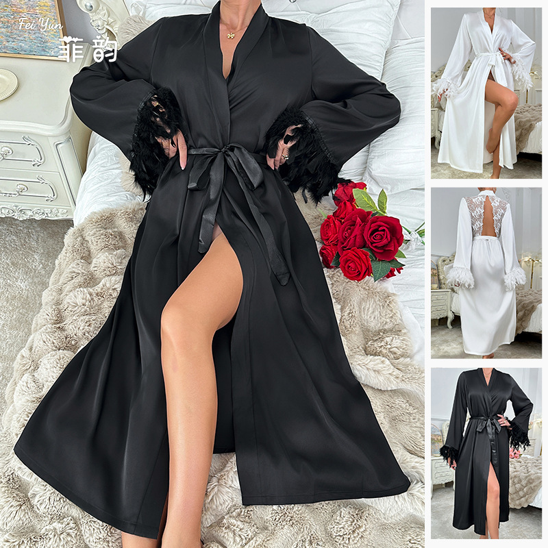 Light Luxury Foreign Trade Style Fluffy Trim Loose Satin Nightgown Long Lace-Up V-Neck Bathrobe Women's Loungewear 809