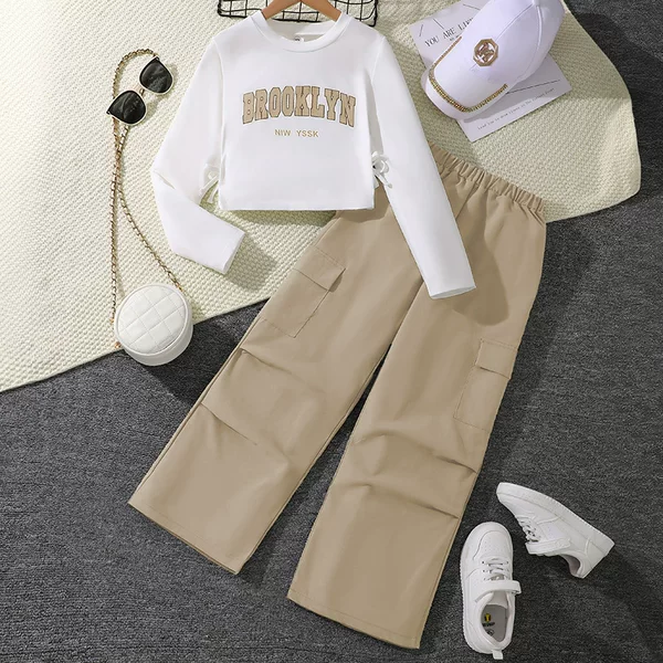 Children's Outfit Cross-Border Girls' Clothing Spring New Versatile Letter Long-Sleeve Sweatshirt American-Style Cargo Pants Two-Piece Set