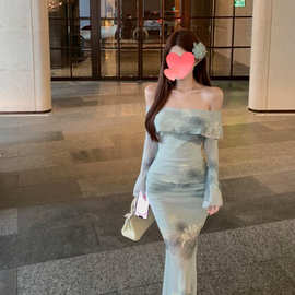 新中式一字肩网纱长袖连衣裙女夏季性感修身包臀鱼尾礼服旗袍长裙