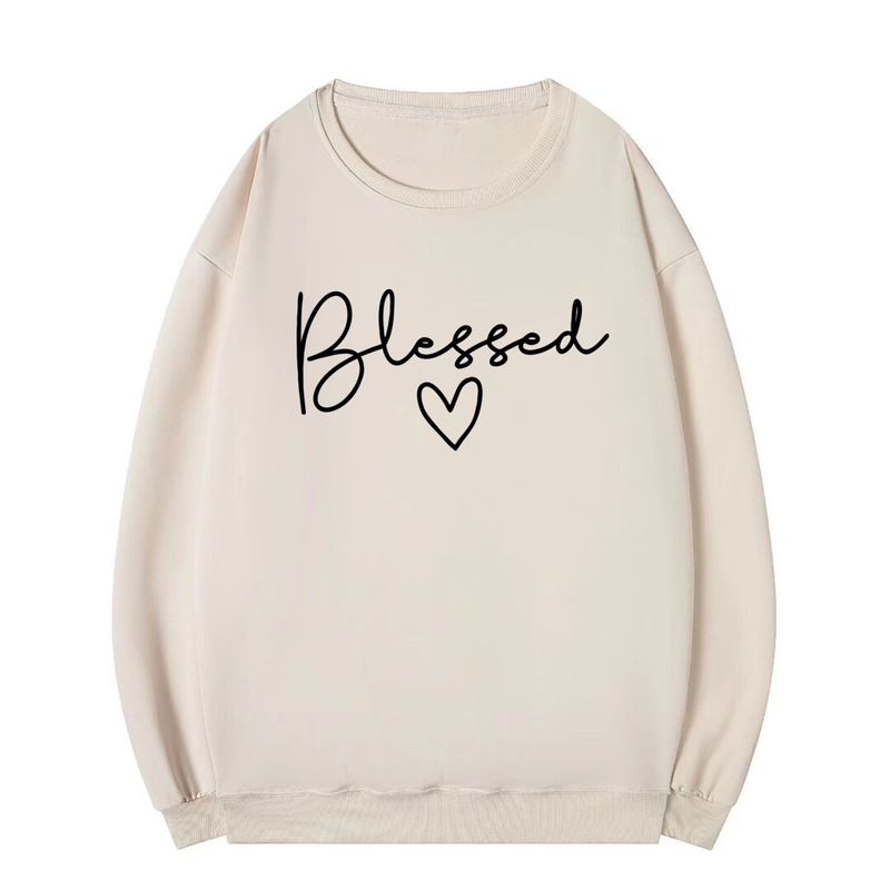 Amazon European and American plus size terry sweater Thanksgiving blessed blessing letter printed crew neck sweater in stock