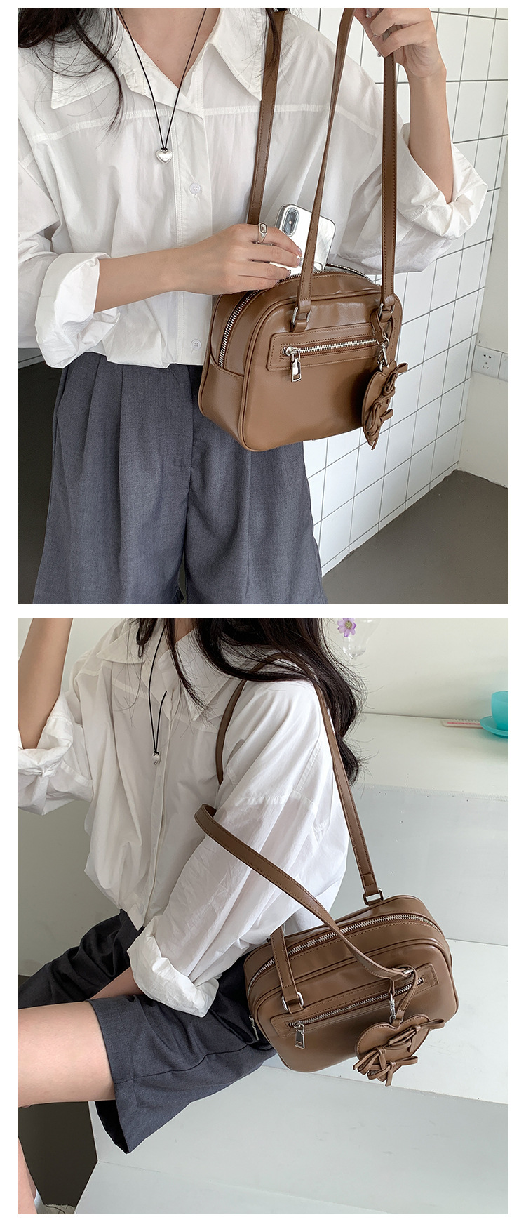 Typed shoulder for girls with a high-end feel, Korean version new small square bag, simple bow, heart-shaped decoration,_voghion.com