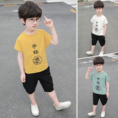 Boy Summer wear Hanfu suit Western style 2 baby Antiquity Cotton and hemp Kids 5 Guochao 6 children Short sleeved Two piece suit 8