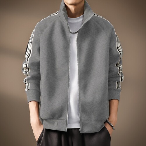High-end cardigan and hoodie men's 2026 autumn new American fashion brand stand-neck jacket striped sports casual coat for men