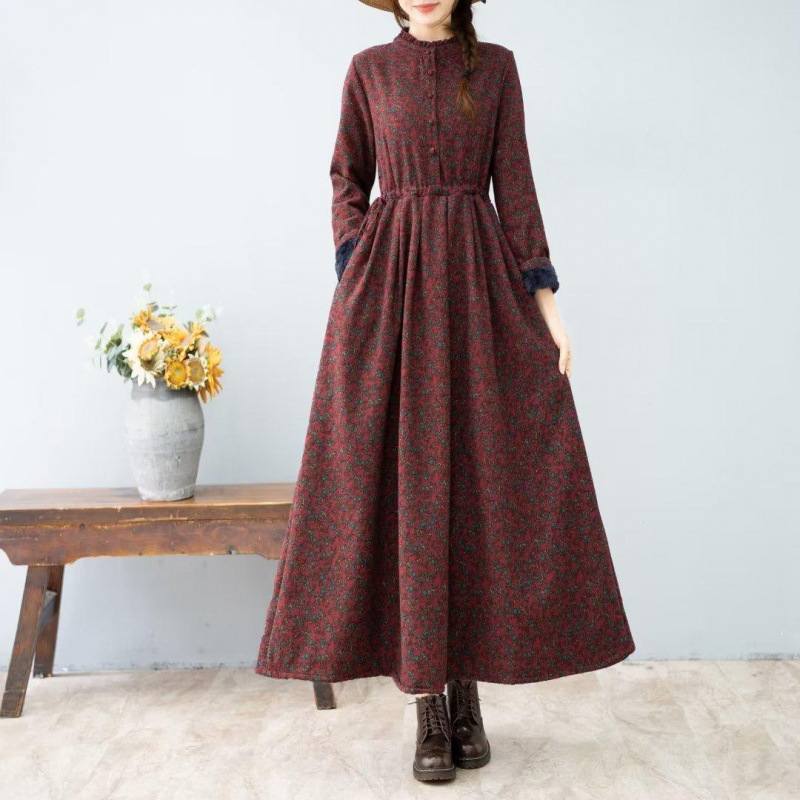 加绒加厚碎花棉麻连衣裙长袖冬季新款收腰系带显瘦大码气质长裙子