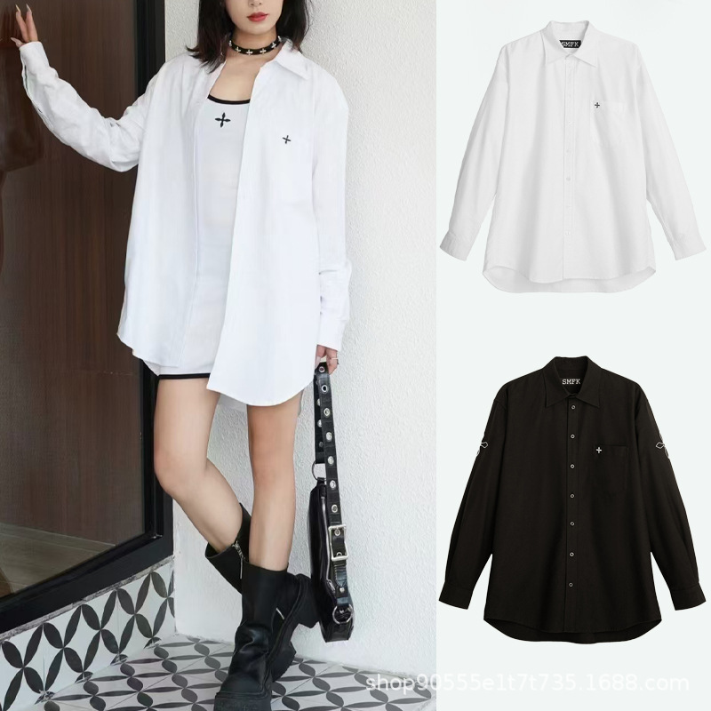 in stock SMFK Cross Classical Shirt Yu Wenwen Same Embroidered Solid Color Loose Minimalist Men's and Women's Same Top 24