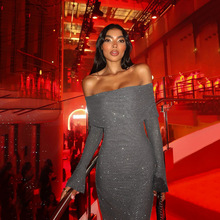 YY23592夏季新款性感包臀长裙 时尚风气质烫片修身一字领连衣裙女