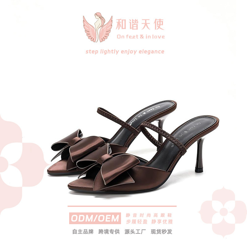 Summer New Style Bow-Decorated Muller Stiletto Heels Pointed Toe Strap Casual Versatile Fashion Sandals for Women