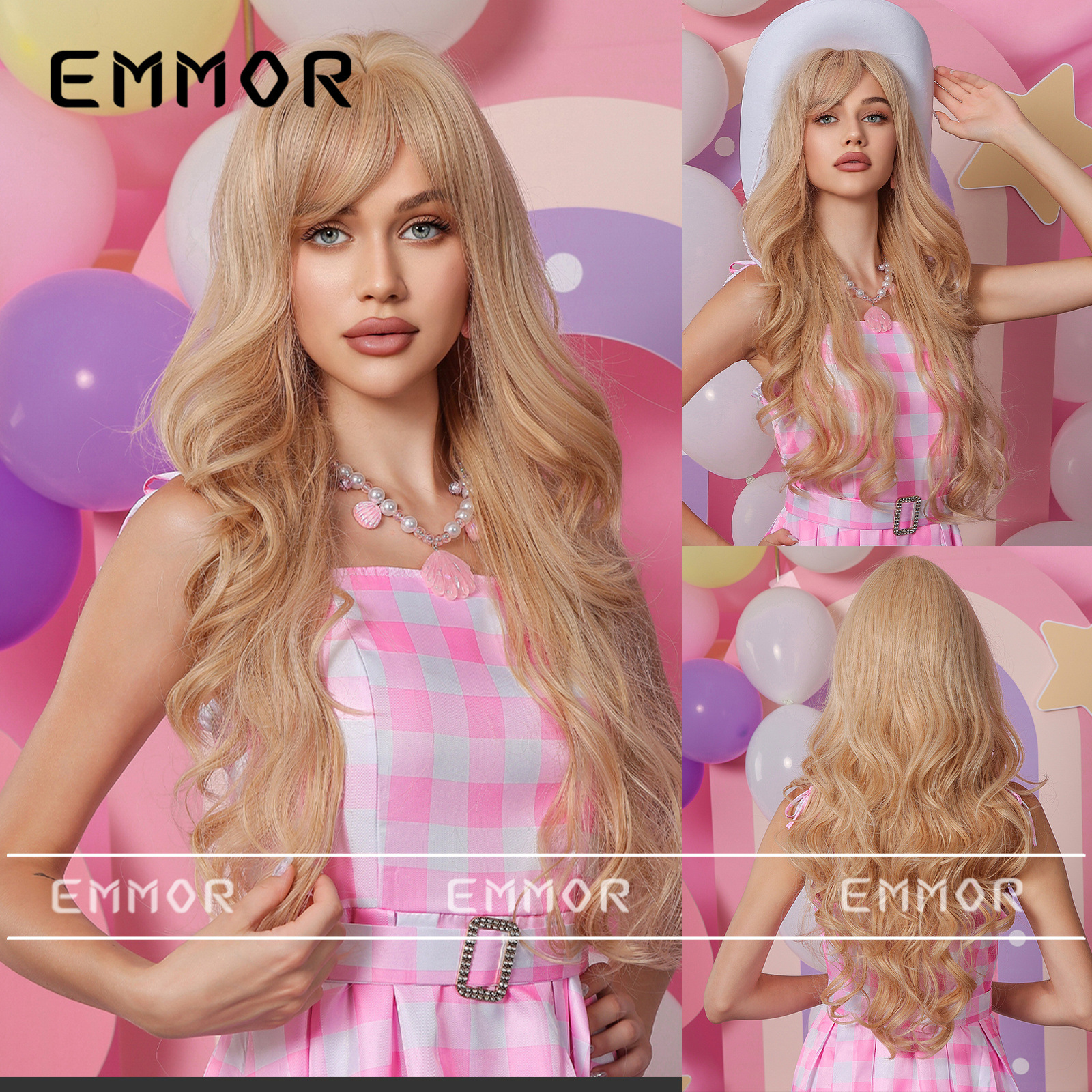 Europa y América nuevo estilo Bangs leche té marrón largo pelo rizado Barbie escape princesa estilo perezoso mullido peluca cabeza completa cubierta