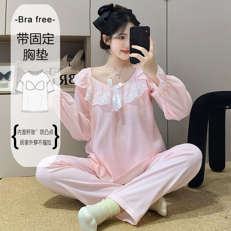Al por mayor transfronterizo primavera y otoño nuevo pijama de mujer nube de algodón encaje cuello redondo hoodie mangas largas pantalones largos con cojín de pecho ropa para el hogar