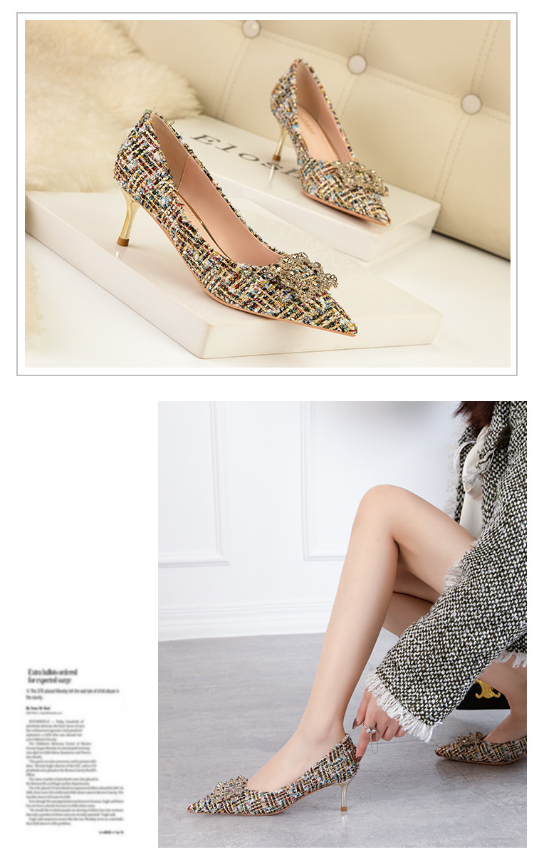 Fashion sexy slim high heels slim heels High heels shallow-cut pointe sparkling rhinester buckle women's single shoes_voghion.com