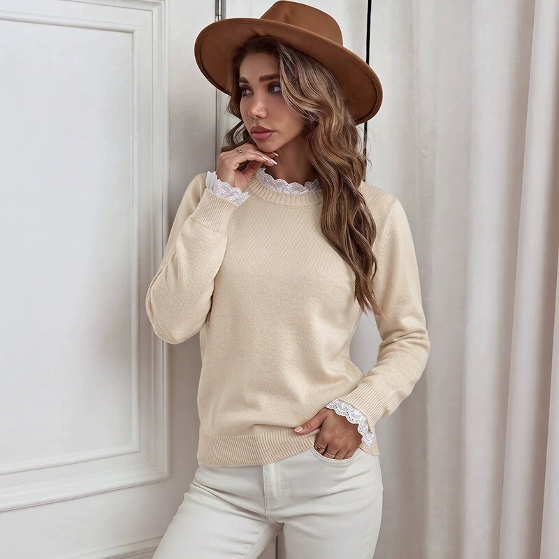 Autumn and Winter New Lace Splicing Women's Sweater Round Neck Solid Color Fashionable Commuter Style Knitwear Cross-Border Wholesale in Stock Autumn and Winter New Lace Splicing Women's Sweater Round Neck Solid Color Fashionable Commuter Style Knitwear Cross-Border Wholesale in Stock