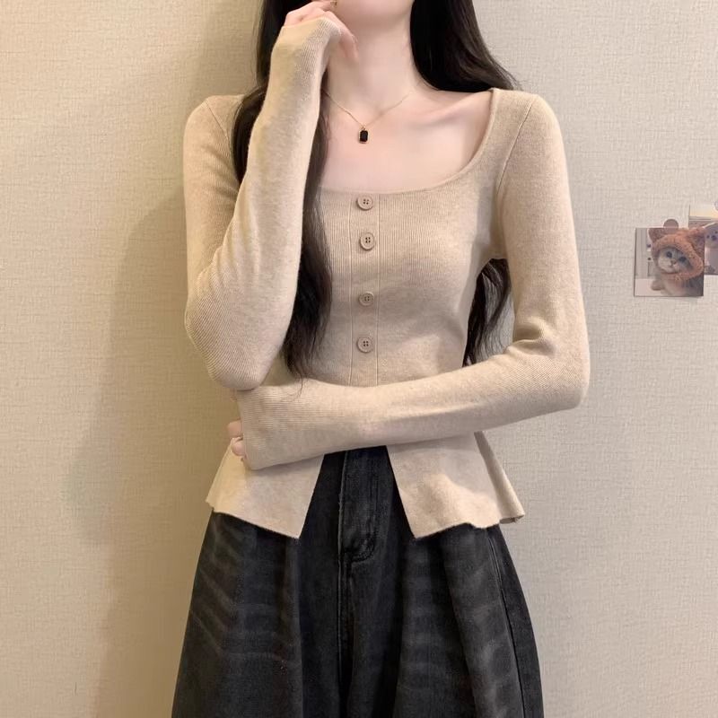 チェリーレッドスクエアネック長袖セーターレディース秋冬インナーデザインスリットスリムセーターボトムストップ|undefined
