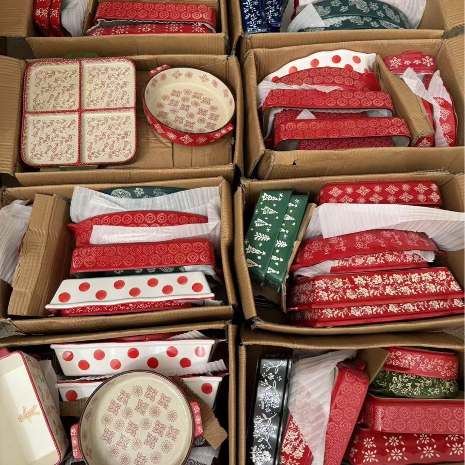 Double-Eared Ceramic Plate for Home Microwave Oven Creative Baking Pan Special Salad Cheese Baked Rice Plate Air Fryer Plate