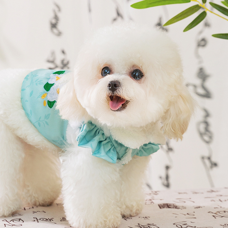 Otoño y invierno perros cheongsam chino Tang traje gato dos patas cálidas mangas volantes ropa de algodón de ciruela de Año Nuevo ropa de perro mascota