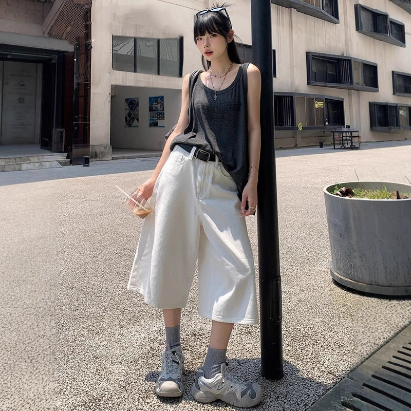 White Straight Cropped Jeans Women's 2025 New Korean High Waist plus size Loose Casual Pants