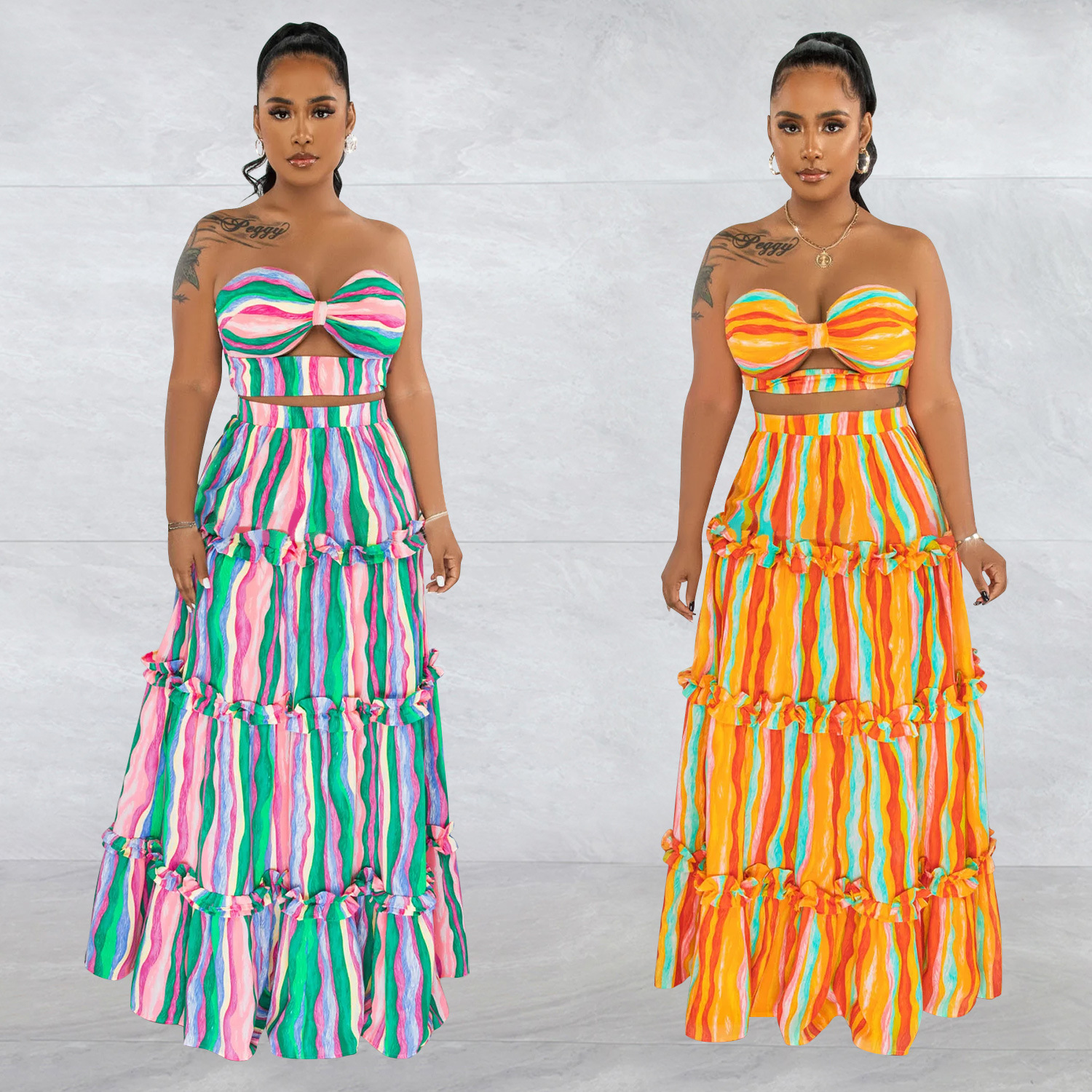 X6646 transfronteriza AliExpress Amazon moda europea y americana de las mujeres sin mangas tubo superior a rayas vestido impreso conjunto de dos piezas