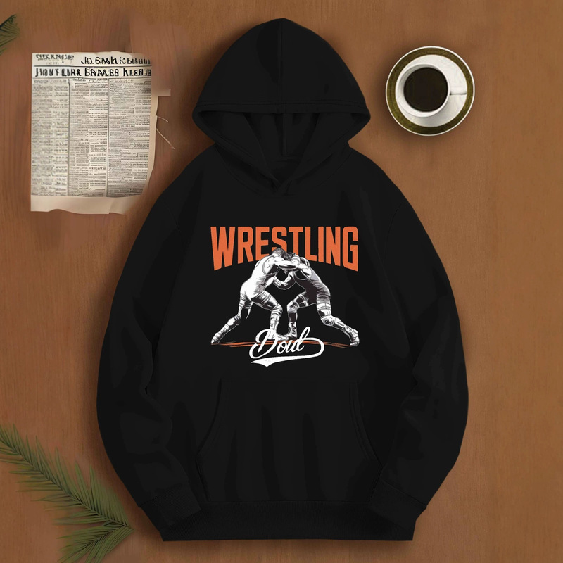 American-style loose-fit, casual, fleece-lined hooded sweatshirt with a wrestling dad print, a sporty and trendy top for parents and children American-style loose-fit, casual, fleece-lined hooded sweatshirt with a wrestling dad print, a sporty and trendy top for parents and children