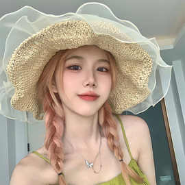 新款日系ins气质蕾丝大帽檐显脸小帽女夏季度假海边沙滩太阳帽