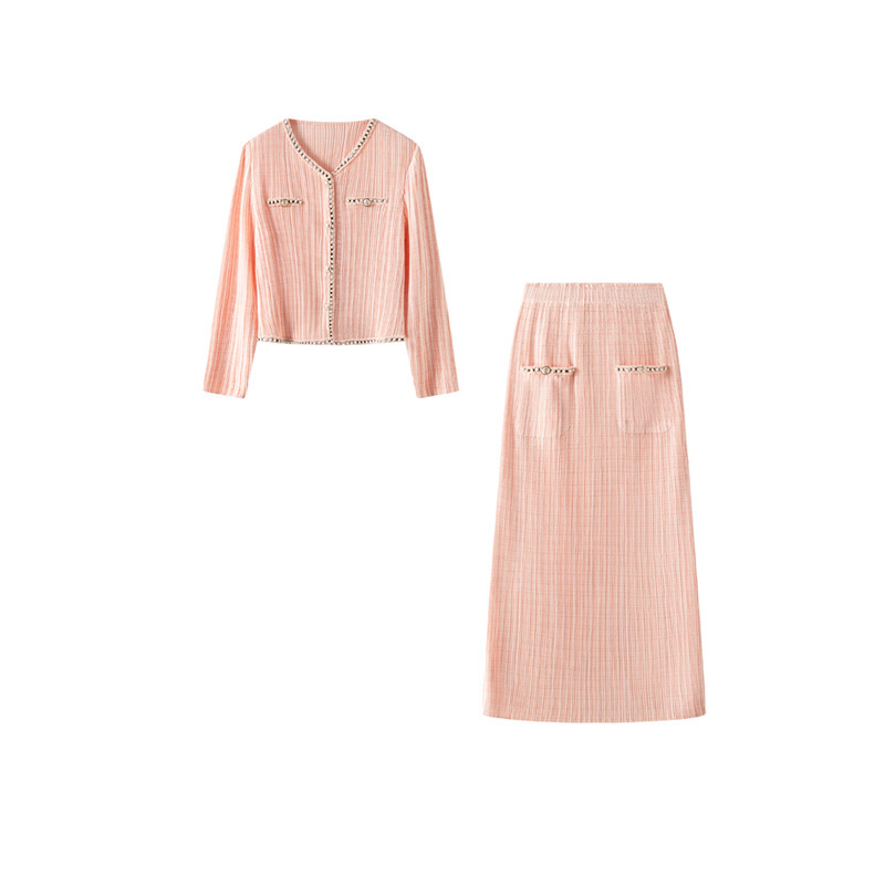 Miyake Pleated High-end Refined light purple Chanel Style dress Spring New Waist Slimming Long-sleeved Two-piece Set
