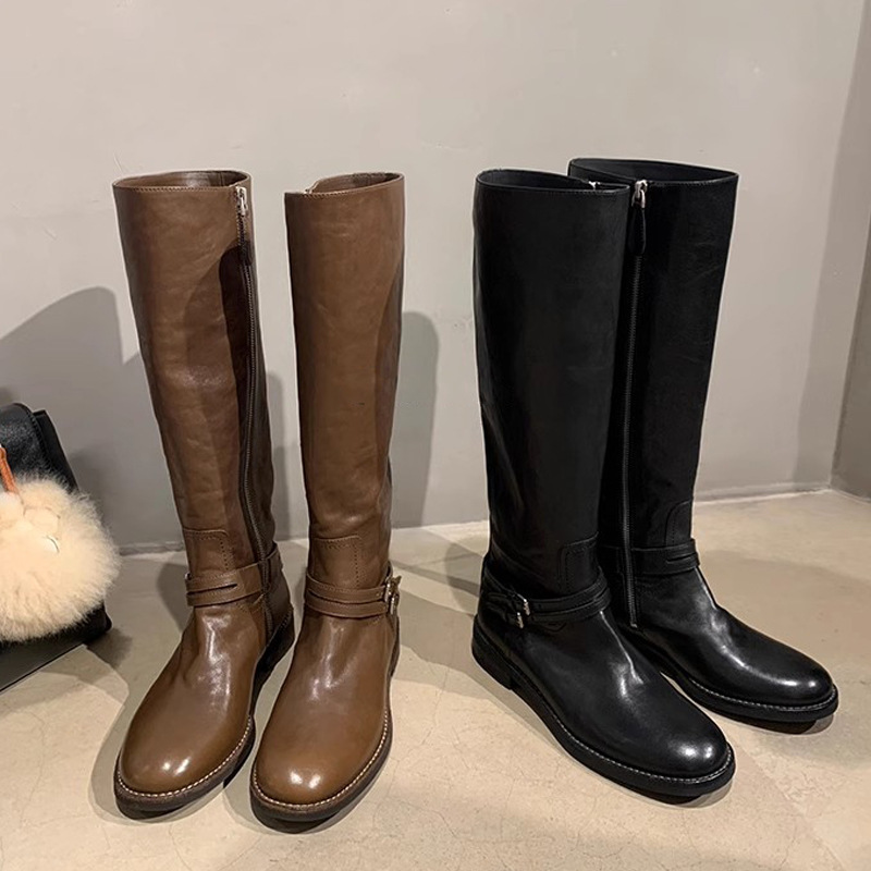 Grape Mom otoño e invierno nuevo ~ Doble hebilla con cabeza redonda pero botas altas con cremallera lateral en la rodilla botas de caballero de tacón grueso mujeres