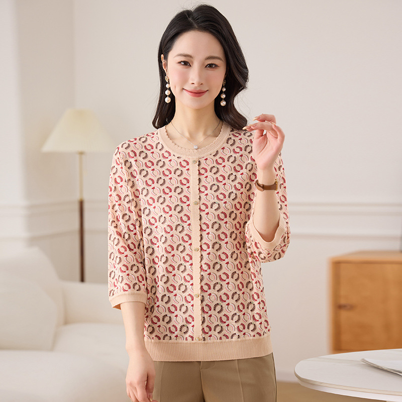 薄款短袖0中老年女装小衫妈妈夏装圆领冰丝宽松洋气上衣40岁恤岁5，女装T恤，妃慕昵服饰