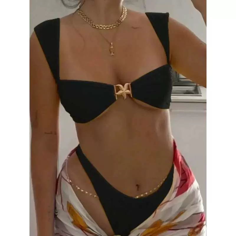 欧美新款分体泳衣女性感金属扣饰比基尼bikini肩带高腰跨境泳衣女