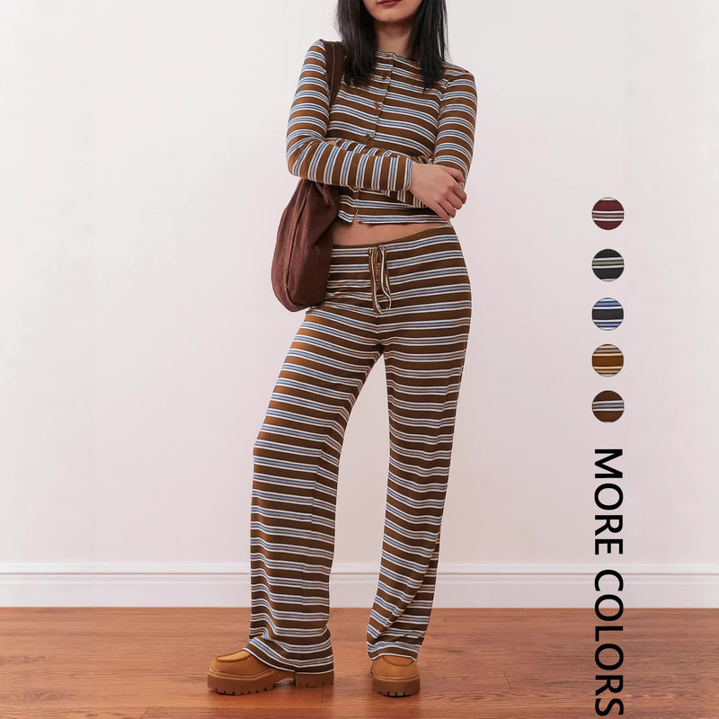 Women's Solid Color Buttoned Ribbed Short Top and Elastic Waist Long Pants Set, Straight-Leg Plaid New American-Style Casual Wear Women's Solid Color Buttoned Ribbed Short Top and Elastic Waist Long Pants Set, Straight-Leg Plaid New American-Style Casual Wear