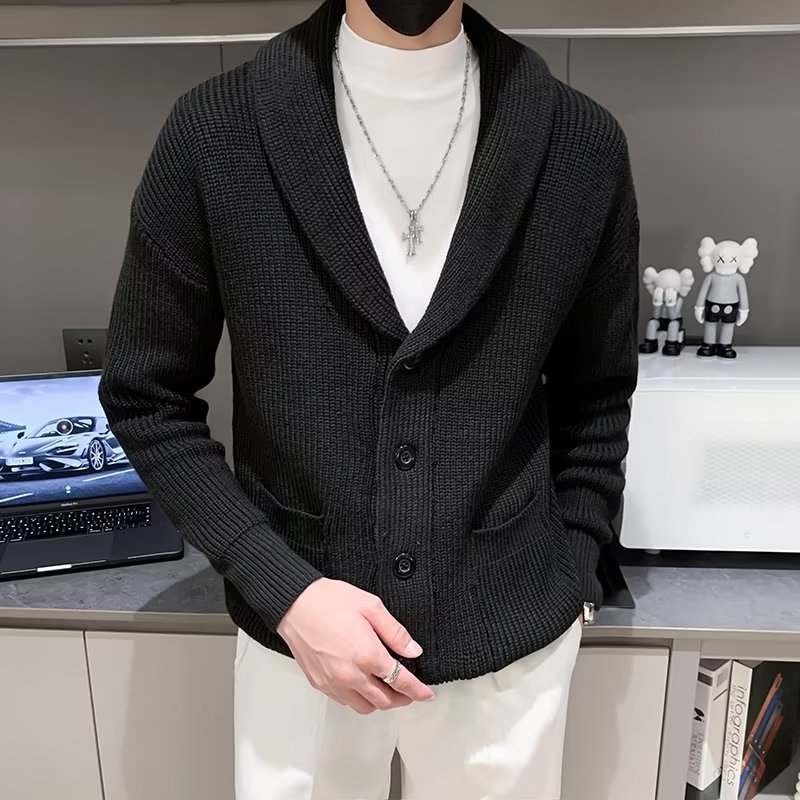 英伦复古男装青果领毛衣男冬季商务休闲V领保暖上衣针织衫外套男