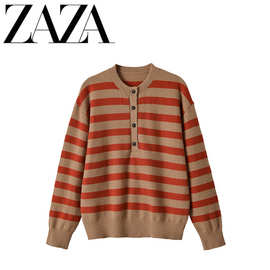 ZAZA 自制欧美风 批发女装时尚百搭长袖圆领羊毛山羊绒条纹针织衫