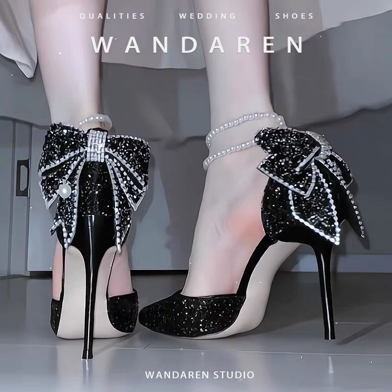 2023 new fairy style stiletto heel black beautiful pearl strap high heel shoes sexy low-cut rhinestone shoes