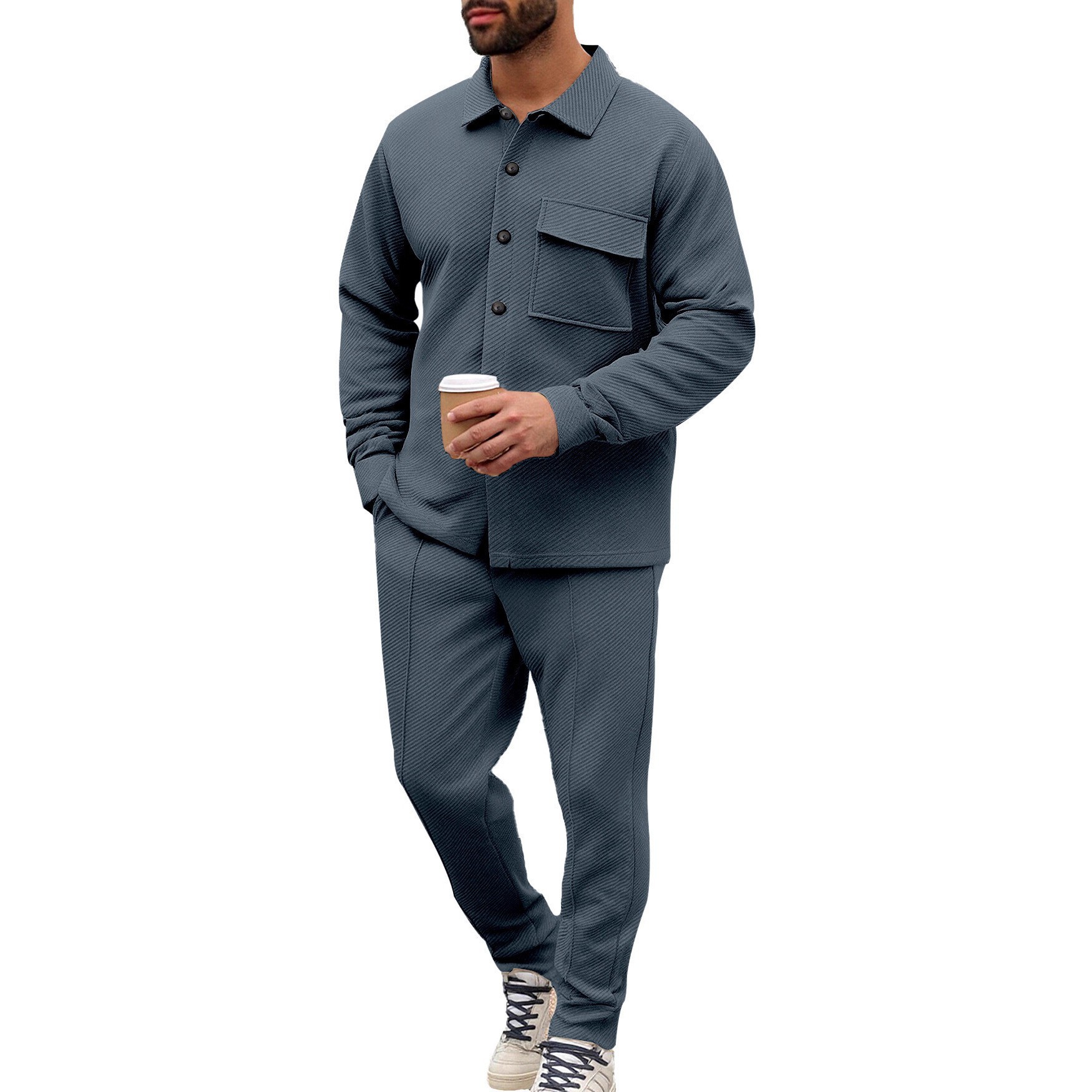 Amazon transfronterizo en Europa y los Estados Unidos otoño e invierno ocio hombres solapa blusa de manga larga cardigan chaqueta delgada de color sólido de una sola fila
