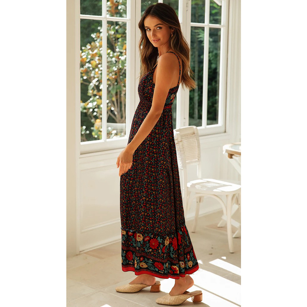 bohemian v-neck low-cut rayon sling floral long dress NSMAN53326