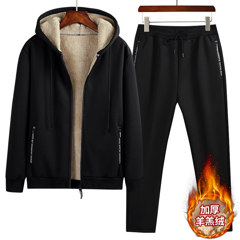 Мужской костюм на осень и зиму, кардиган, зимняя мужская толстовка с капюшоном, куртка на флисовой подкладке из овечьей шерсти, спортивная утепленная и теплая.