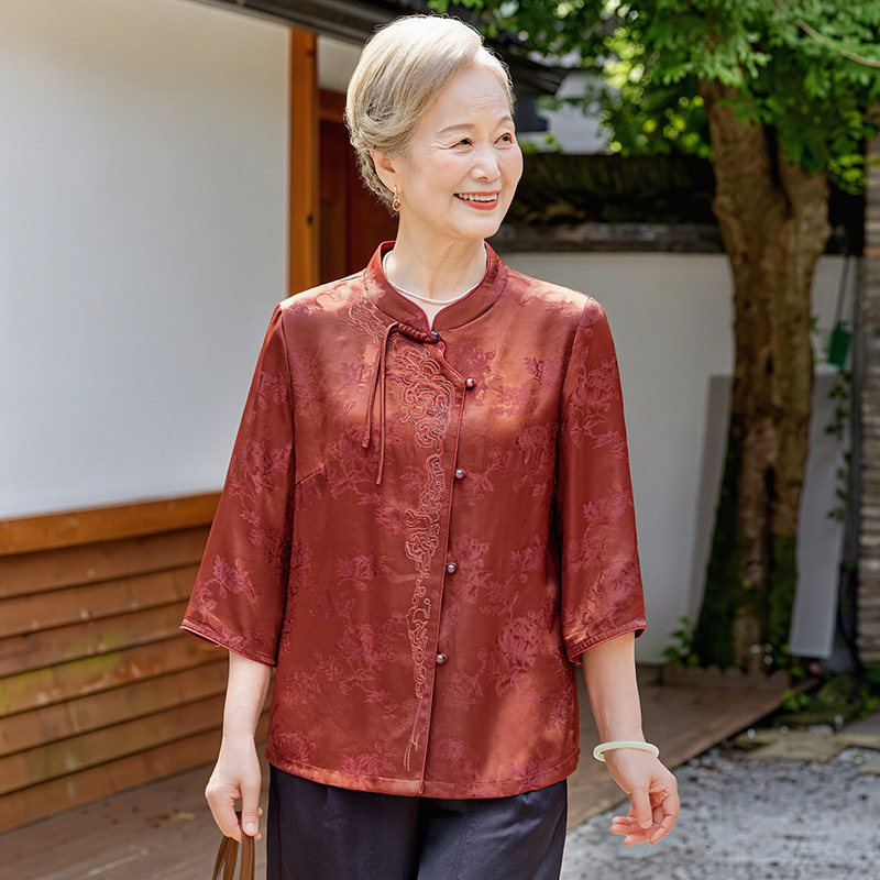 Mom's Chinese-Style Summer Top with Three-Quarter Sleeves, Qipao Collar, New Chinese-Style Grandma Shirt, Grandma's Wedding Shirt
