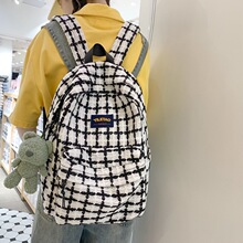ins书包女初中生韩版时尚格纹双肩包大学生电脑包简约高中生背包